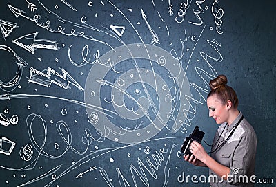 Photographer shooting images while energetic hand drawn lines an Stock Photo