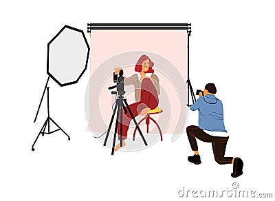 Photographer shooting model in studio. Photo session concept. Man taking pictures with professional camera and light Vector Illustration