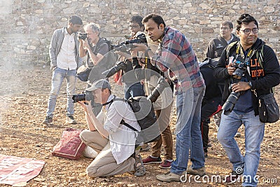 Photographer take pictures at the Pushkar Camel Mela, Pushkar Camel Fair, India. Many photographers from around the world come to Editorial Stock Photo