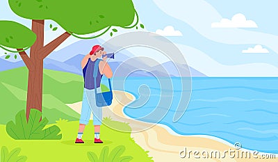 Photographer taking landscape picture. Travel cameraman making photograph amazing nature mountain seaside, tourist with Vector Illustration