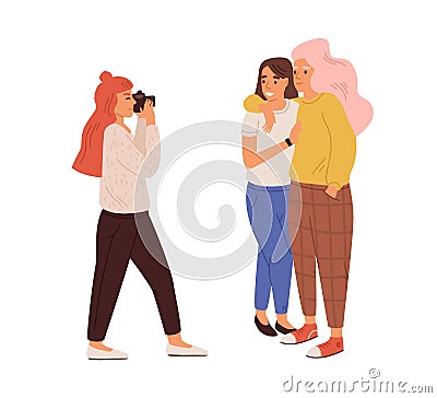 Photographer taking photo of lesbian love couple. Young woman with camera shooting portrait of smiling female friends Vector Illustration