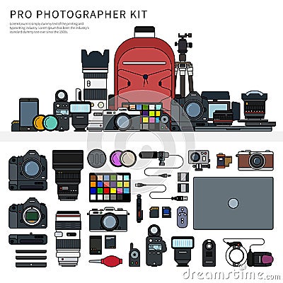 Photographer tools line flat Vector Illustration