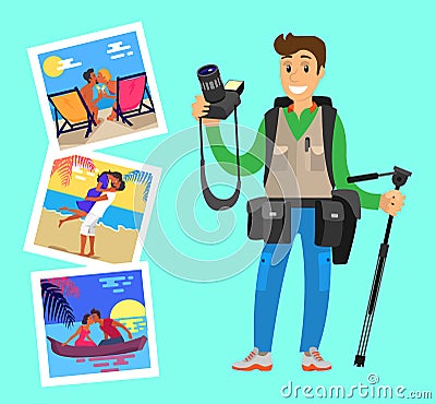 Photographer with Tripod on Background of Pictures Vector Illustration