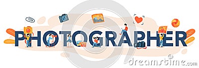 Photographer typographic header concept. Professional photographer with camera Vector Illustration