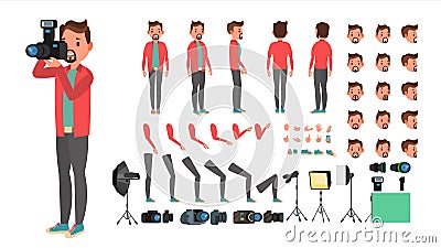 Photographer Vector. Taking Pictures. Animated Man Character Creation Vector Illustration