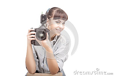 Photographer Woman Holding DSLR Camera Stock Photo