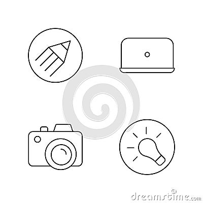 Photographer work elements pixel perfect linear icons set Vector Illustration