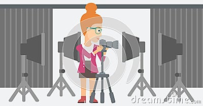 Photographer working with camera on a tripod. Vector Illustration