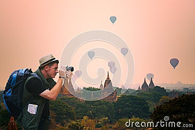 Photographer young touristman journey in Bagan Pagoda Mandalay Stock Photo