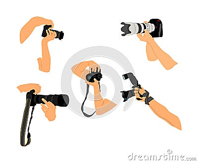 Photographers hands with camera vector illustration. Paparazzi shooting on the event. Photo reporter on duty. Cartoon Illustration