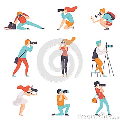 Photographers Taking Photos Using Professional Equipment Set, Men and Women with Cameras Making Pictures Vector Vector Illustration