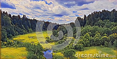 Photographic art picture of countryside typical Russian landscape with forest and river under cloudy dramatic blue sky Stock Photo