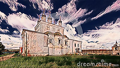 Photographic art picture of famous Goritsky orthodox monastery under blue cloudy sky in summer Stock Photo