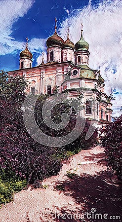 Photographic art picture of way to church concept: footpath to famous Goritsky orthodox monastery under blue cloudy sky in summer Stock Photo