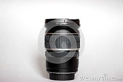 Photographic black camera len on white background Stock Photo