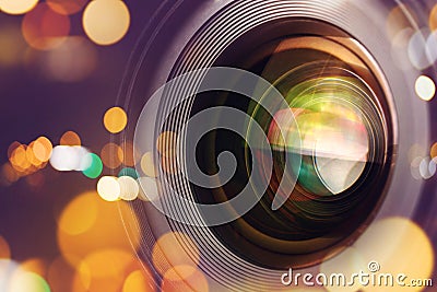 Photographic camera lens with bokeh light Stock Photo