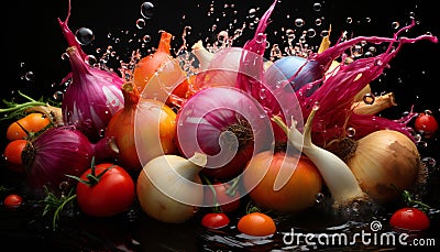 Photographic still life of onions and tomatoes in water Stock Photo