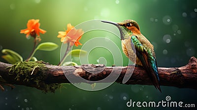 Photographic Style Hummingbird On Wood Branch With Green Background Stock Photo