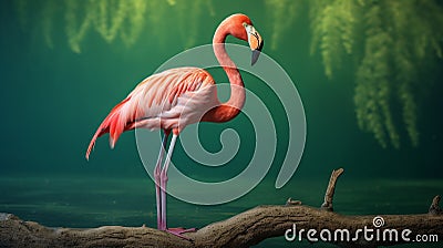 Photographic Style Pink Flamingo On Wood Branch In Green Forest Stock Photo