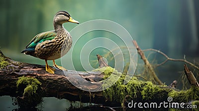 Photographic Wildlife Wallpaper: Duck Perched On Old Log In Spring Forest Stock Photo
