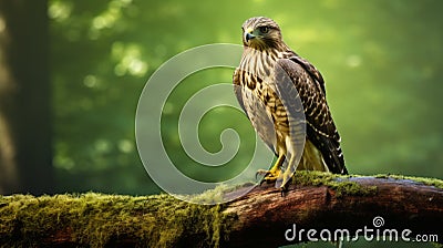 Photographically Detailed Portrait Of Hawk Perched On Wood Branch Stock Photo