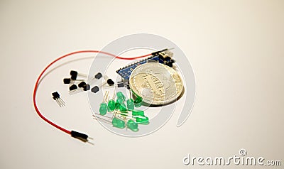 Photographing bitcoin, arduino, transistors and wires Stock Photo