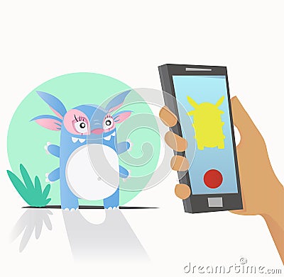 Photographing a cute monster on a smartphone. Vector Illustration