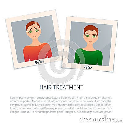 Photographs of a woman before and after hair treatment Vector Illustration