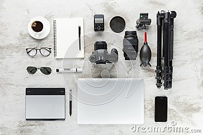 Photography accessories on work table Stock Photo