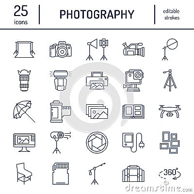 Photography equipment flat line icons. Digital camera, photos, lighting, video cameras, photo accessories, memory card Vector Illustration