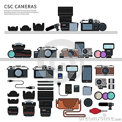 Photography equipment flat line Vector Illustration