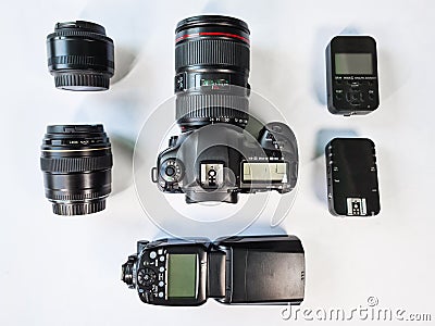 Photography gear kit, camera lens flash trigger Stock Photo