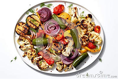 photography of Grilled Veggies, Cauliflower, paprika, zucchini, eggplant and Sautaed Onions on a rund plate ai created Stock Photo