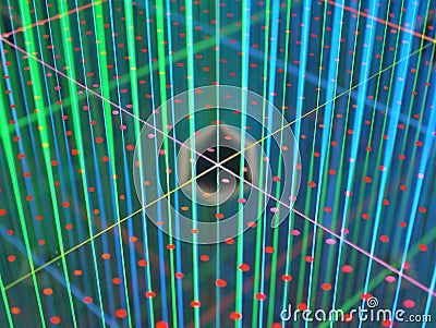 Photography of kaleidoscope made of lasers beams shaped as firewall field. Stock Photo