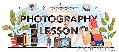 Photography lesson typographic header. Students lerning to take photos Vector Illustration