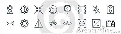 Photography line icons. linear set. quality vector line set such as camera, focus, invisible, horizontal flip, no flash, minimize Vector Illustration