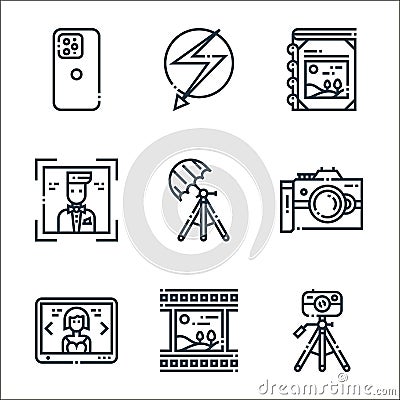 photography line icons. linear set. quality vector line set such as camera tripod, film tape, digital picture frame, camera, Vector Illustration