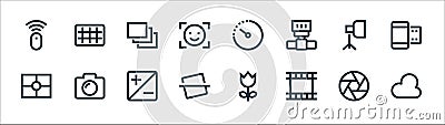 photography line icons. linear set. quality vector line set such as cloud, video file, horizontal line, metering, led strobe, Vector Illustration