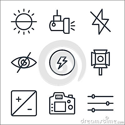 Photography line icons. linear set. quality vector line set such as control, camera, contrast, light, power, invisible, no flash, Vector Illustration