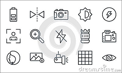 Photography line icons. linear set. quality vector line set such as view, light, face detection, grid, download, camera focus, Vector Illustration