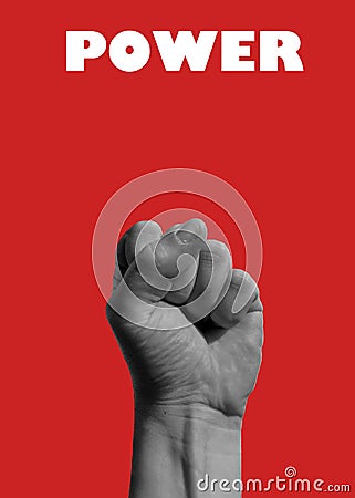 Photography of male fist rising up isolated on red background with word power above it Stock Photo