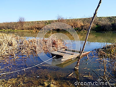 Photography Of Old Sunken Wooden Fisherman Boat In River Zlatica In Serbia Stock Photo