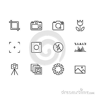 Photography and photo camera, video filming icon simple symbols set. Photo camera settings, shutter speed, aperture, iso Vector Illustration