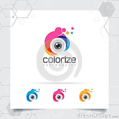 Photography and photo logo design with concept of colorful camera lens icon vector for photographer, studio photo, and wedding Vector Illustration