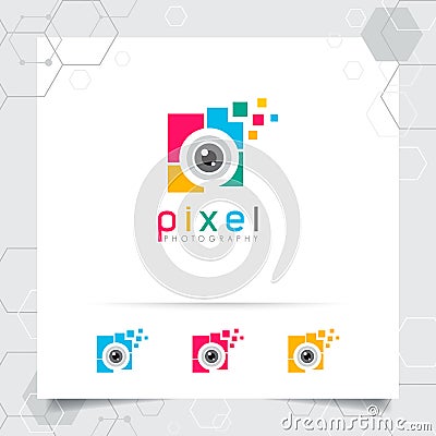 Photography and photo logo design with concept of colorful camera lens icon vector for photographer, studio photo, and wedding Vector Illustration