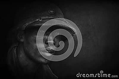 Photography, portrait of a Vietnamese soldier with a military helmet. Editorial Stock Photo