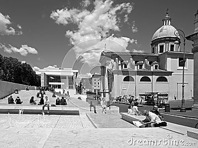 Black and White Photography Rome: Augusto Emperor square, church and Ara pacis Museum, city skyline with clouds and people Editorial Stock Photo