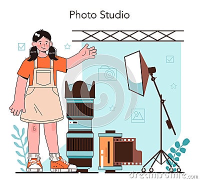 Photography school club or lesson. Students lerning to take photos, Vector Illustration