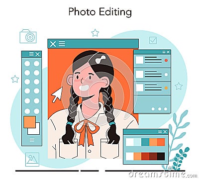 Photography school club or lesson. Students lerning to take photos, Vector Illustration