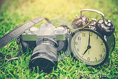 Photography times concept, mirrorless vintage camera Stock Photo